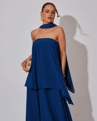 Vestido de Festa Longo Chiffon Crepe em Camadas com Lenço Azul Royal