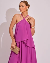 Vestido Longo Babado em Camadas Fúcsia