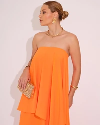 Vestido de Festa Longo Tomara que Caia em Camadas Laranja