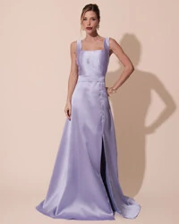 Vestido de Festa Longo Zibeline com Fenda e Faixa Lilás