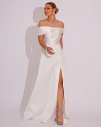 Vestido de Festa Longo Ombro a Ombro Laço Zibeline com Fenda Branco
