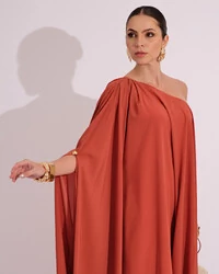 Vestido de Festa um Ombro com Capa Crepe Fluido Terracota