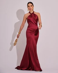 Vestido de Festa Longo em Cetim Alfaiataria com Elastano Frente Única Marsala