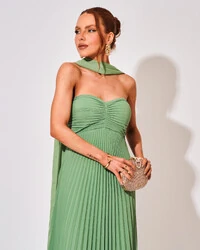 Vestido de Festa Longo Tomara que Caia Plissado com Lenço Verde Kiwi