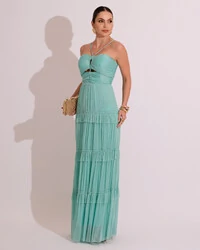 Vestido de Festa Longo Tule com Saia Babado Tiffany