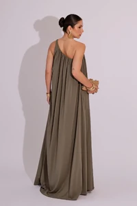 Vestido de Festa Longo Crepe Fluido um Ombro Só com Lenço Verde Oliva