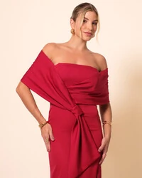 Vestido de Festa Longo Alfaiataria Ombro a Ombro Laço e Fenda Cereja