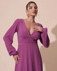 Vestido de Festa Manga Longa com Cintura Drapeada Decote V Fúcsia
