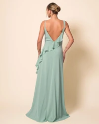 Vestido de Festa Longo Crepe Chiffon Degagê com Fenda e Babado Cascata Verde Menta