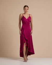 Vestido Midi Babado Acetinado Beterraba