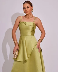 Vestido de Festa Zibeline Tomara que Caia com Recortes e Camadas Verde Lima