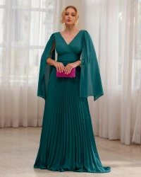 Vestido de Festa Longo com Capa e Saia Plissada Verde