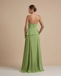 Vestido de Festa Longo Crepe Chiffon Tomara que Caia Peplum Drapeado Verde Garden