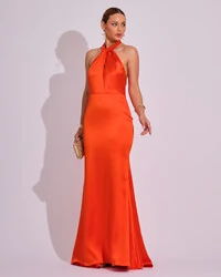 Vestido de Festa Longo em Cetim Alfaiataria com Elastano Frente Única Laranja