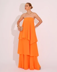 Vestido de Festa Longo Tomara que Caia em Camadas Laranja