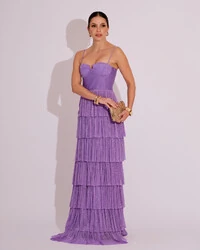 Vestido de Festa Longo Tule Glitter com Camadas Lilás