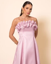 Vestido de Festa Longo Cetim Cristal Tomara que Caia com Flor 3D Rosa