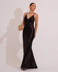 Vestido de Festa Longo Malha Cetim Busto Drapeado Saia Sereia Preto