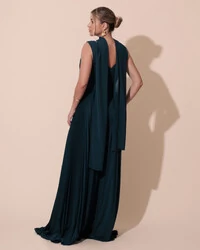 Macacão de Festa Longo Crepe Pantalona Plissado e Lenço Verde Escuro