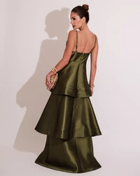 Vestido de Festa Longo Zibeline em Camadas Decote em V com Alças Verde Oliva