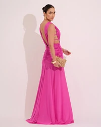 Vestido Longo Jersey Decote V drapeado Pink