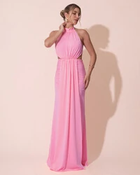 Vestido de Festa Longo Malha Jersey Gola Alta Saia Sereia Rosa New