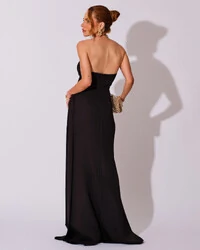 Vestido de Festa Longo Alfaiataria Tomara que Caia Drapeado Faixa Preto