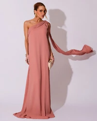 Vestido de Festa Longo Crepe Chiffon Um Ombro Só Drapeado Rose