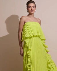 Vestido de Festa Longo Crepe Chiffon Tomara que Caia Plissado com Babado Cascata Verde Lima