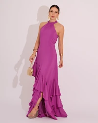 Vestido de Festa Longo Decote Halter com Babados Fúcsia