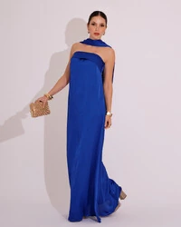 Vestido Longo de Festa Tomara que Caia Cetim com Lenço Azul Royal