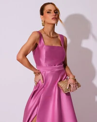 Vestido de Festa Longo Zibeline com Fenda e Faixa Rosa