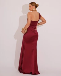 Vestido de Festa Longo Cetim Alfaiataria Tomara que Caia Faixa Marsala