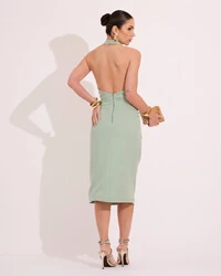 Vestido Midi Alfaiataria Frente Única com Detalhe Verde Menta