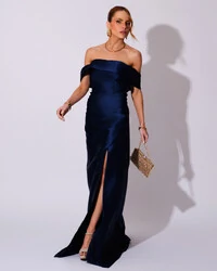 Vestido de Festa Longo Zibeline Ombro a Ombro Drapeado e Fenda Azul Marinho