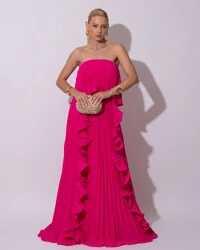 Vestido de Festa Longo Crepe Chiffon Tomara que Caia Plissado com Babado Cascata Pink