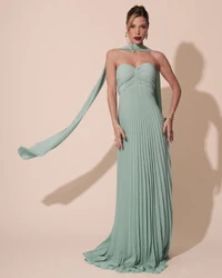 Vestido de Festa Longo Tomara que Caia Plissado com Lenço Verde Menta