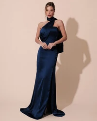 Vestido de Festa Longo Cetim Alfaiataria Tomara que Caia com Faixa Lenço Azul Marinho