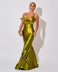 Vestido de Festa Longo Malha Cetim Busto Drapeado Saia Sereia Verde Oliva