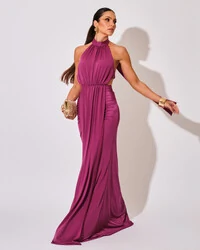 Vestido de Festa Longo Malha Jersey Gola Alta Saia Sereia Fúcsia Beterraba