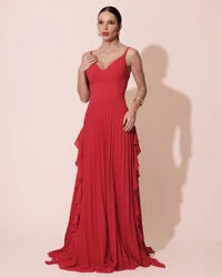Vestido de Festa Longo Crepe Chiffon Alça Fina Saia Plissada com Babado Cascata Vermelho