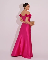 Vestido Longo de Festa Zibeline Ombro a Ombro com Flores e Fenda Pink