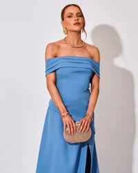 Vestido de Festa Longo Alfaiataria Ombro a Ombro Drapeado com Fenda Azul Atlantis