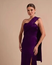 Vestido de Festa Longo Cetim Alfaiataria Tomara que Caia com Faixa Lenço Roxo