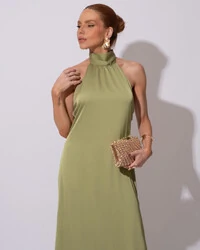 Vestido de Festa Gola Alta com Decote nas Costas Acetinado Verde Pistache