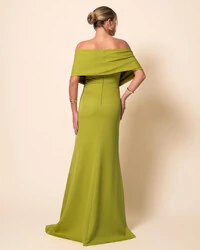 Vestido de Festa Longo Alfaiataria Ombro a Ombro Laço e Fenda Azul Verde Pistache