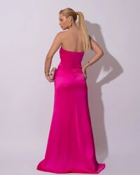 Vestido de Festa Longo Cetim Alfaiataria Tomara que Caia Fenda Pink