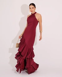 Vestido de Festa Longo Decote Halter com Babados Marsala