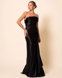 Vestido de Festa Longo Cetim Malha Metálico Ombro a Ombro Preto