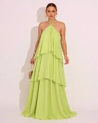 Vestido Longo Crepe Chiffon Babado em Camadas Verde Lima